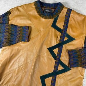 Saxony Sweater Mens XL Tan Leather Knit L/S Geometric Patchwork‎ Vintage